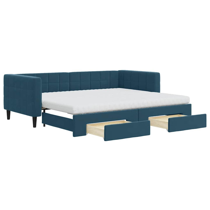 daybed med udtræk og skuffer 90x200 cm velour blå