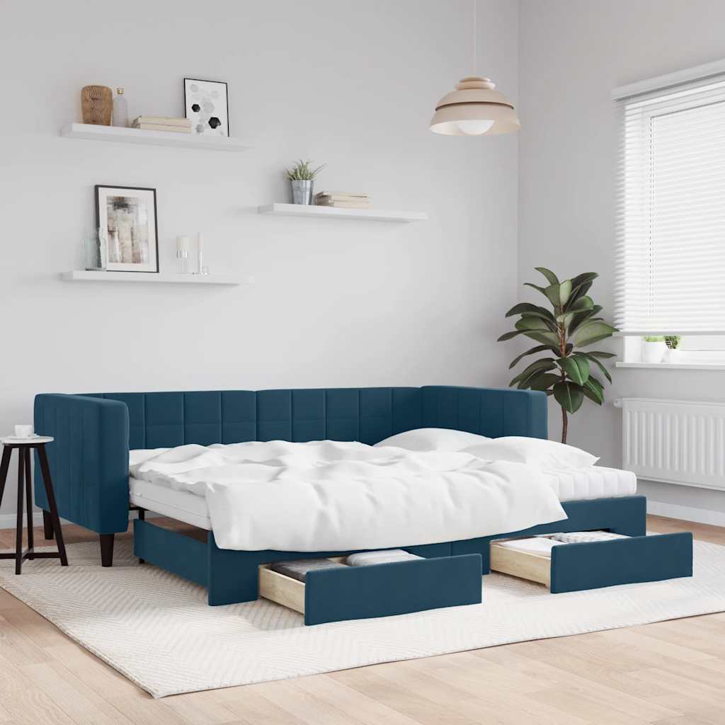daybed med udtræk og skuffer 90x200 cm velour blå