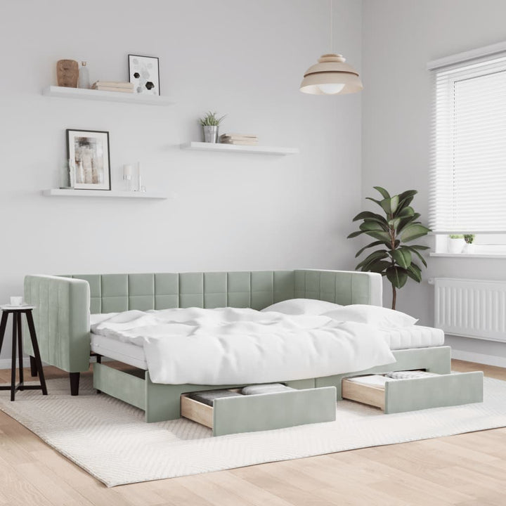 daybed med udtræk og skuffer 90x200 cm velour lysegrå
