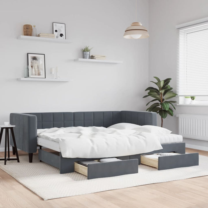 daybed med udtræk og skuffer 90x200 cm velour mørkegrå