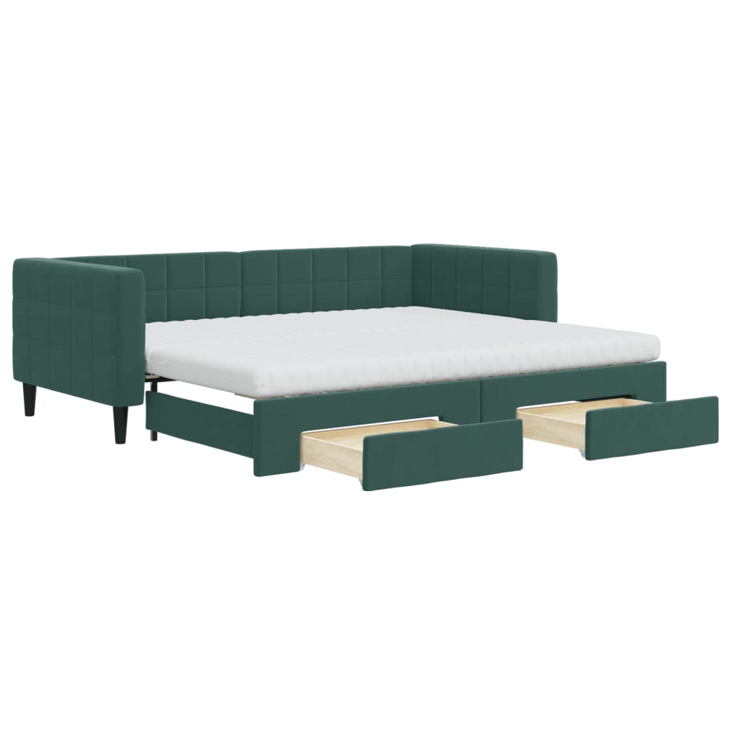 daybed med udtræk og skuffer 90x200 cm velour mørkegrøn