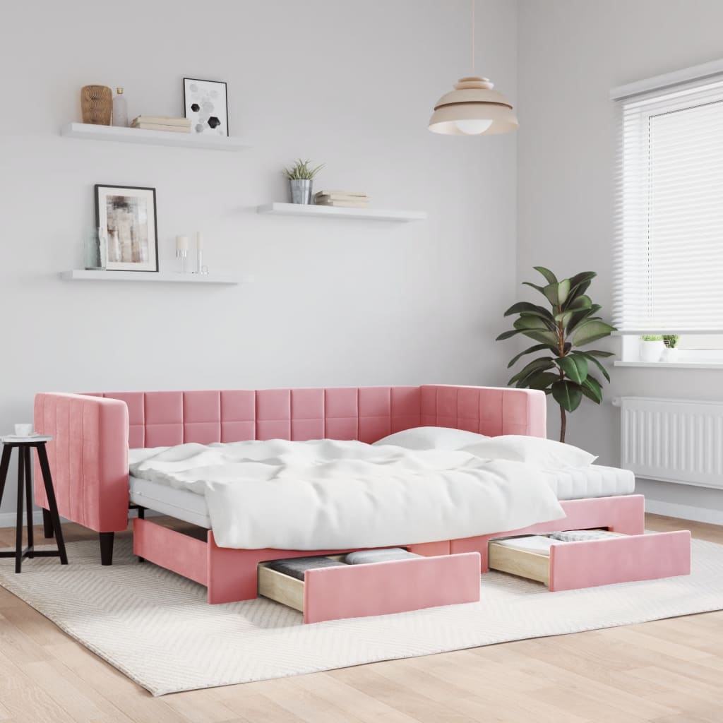 daybed med udtræk og skuffer 90x200 cm velour lyserød