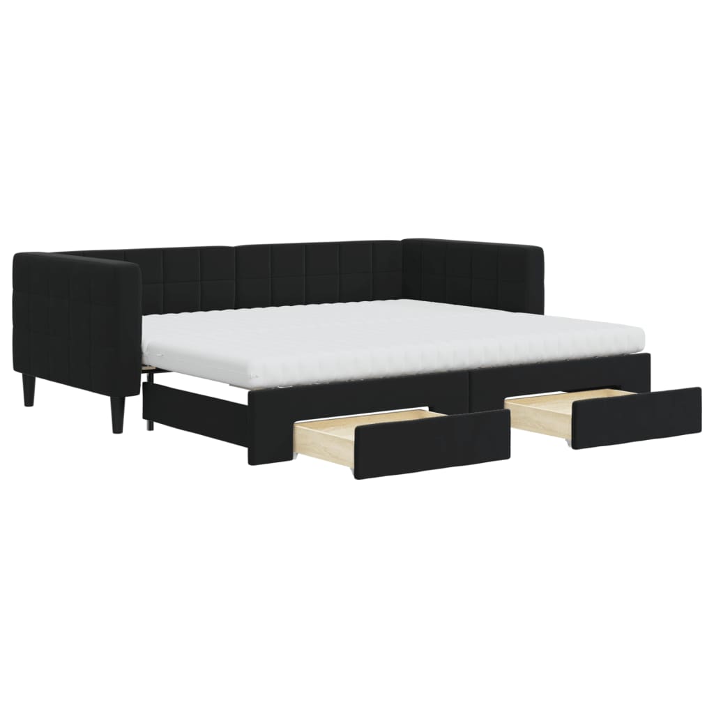 daybed med udtræk og skuffer 90x200 cm velour sort