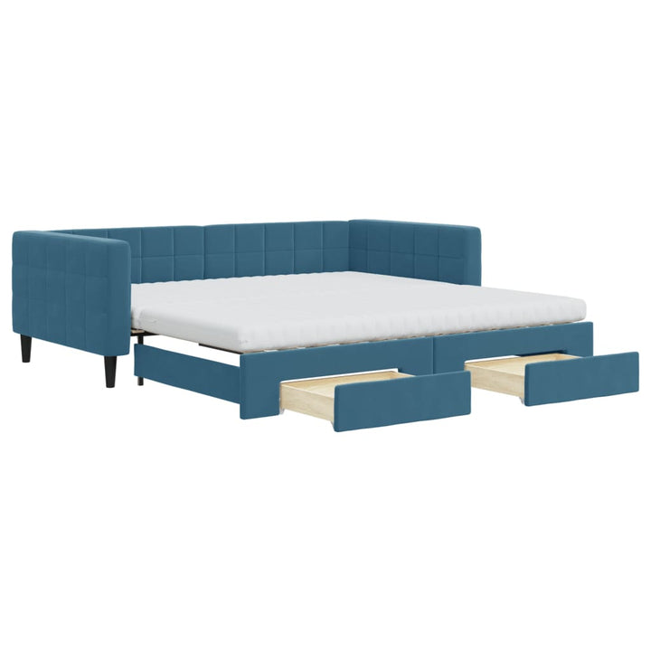 daybed med udtræk og skuffer 100x200 cm velour blå