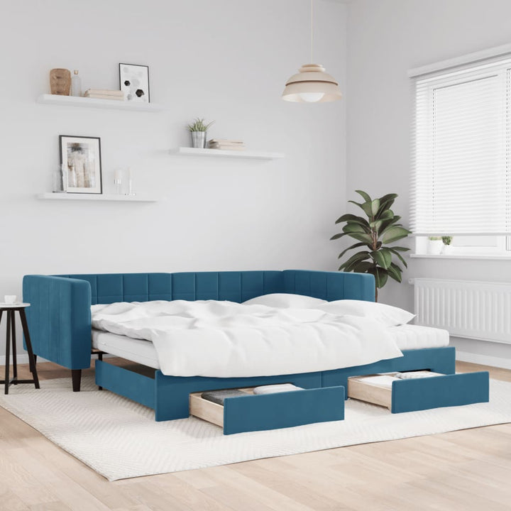 daybed med udtræk og skuffer 100x200 cm velour blå