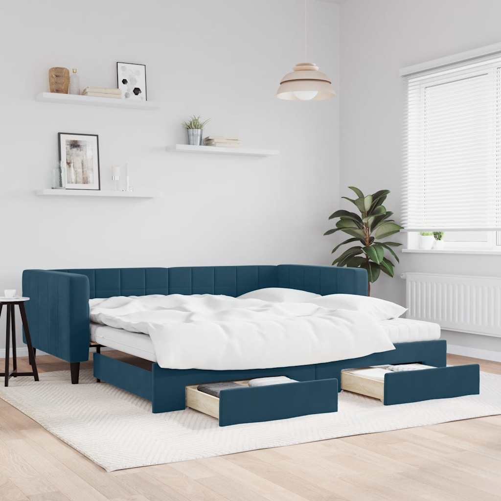 daybed med udtræk og skuffer 100x200 cm velour blå