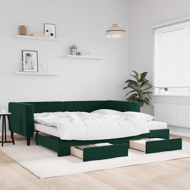 daybed med udtræk og skuffer 100x200 cm velour mørkegrøn