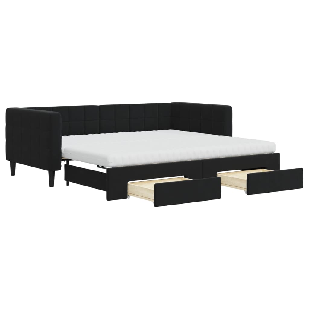 daybed med udtræk og skuffer 90x190 cm velour sort