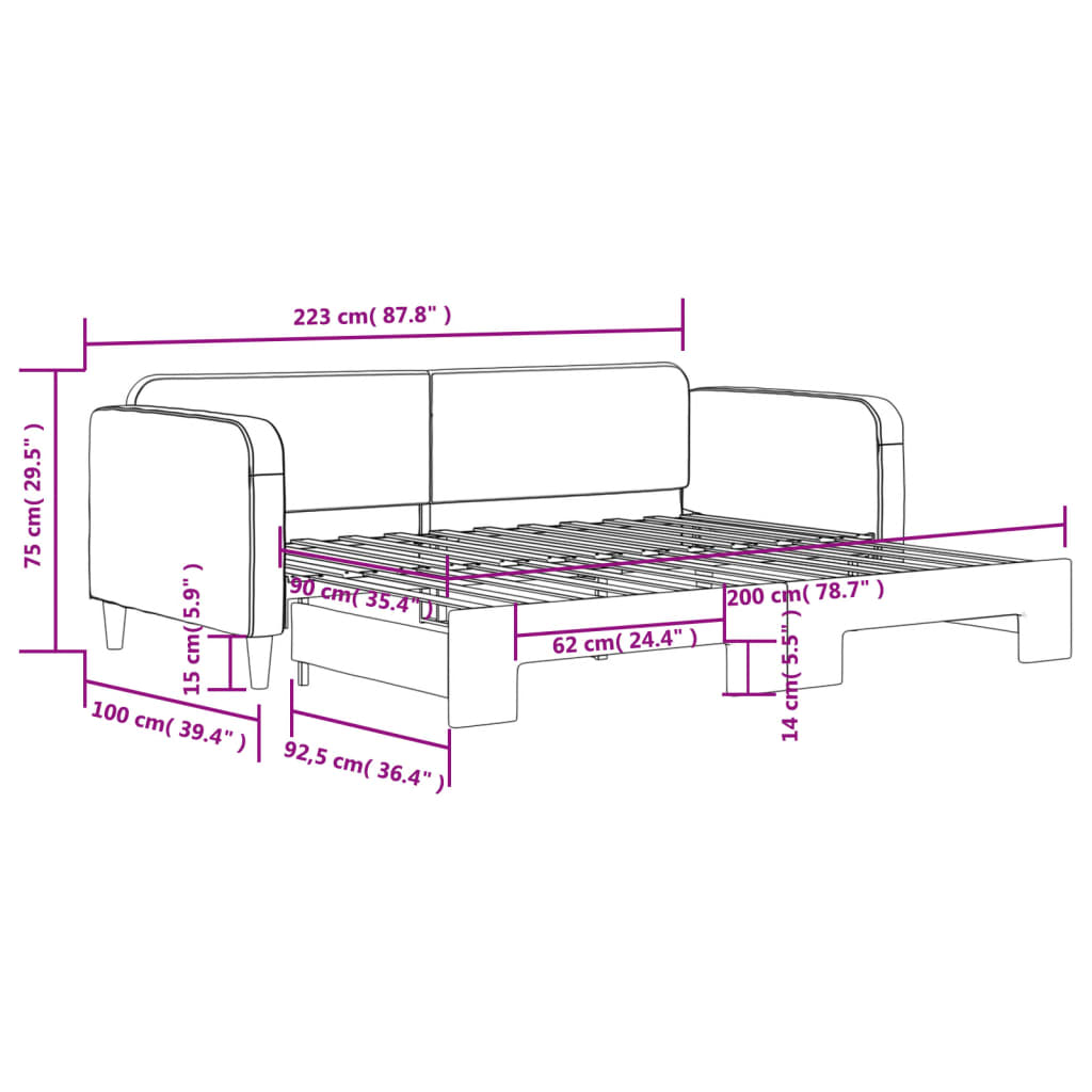 daybed med udtræk 90x200 cm stof sort