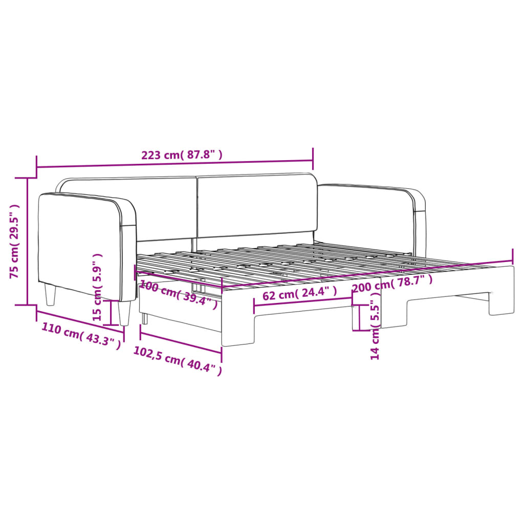 daybed med udtræk 100x200 cm stof sort