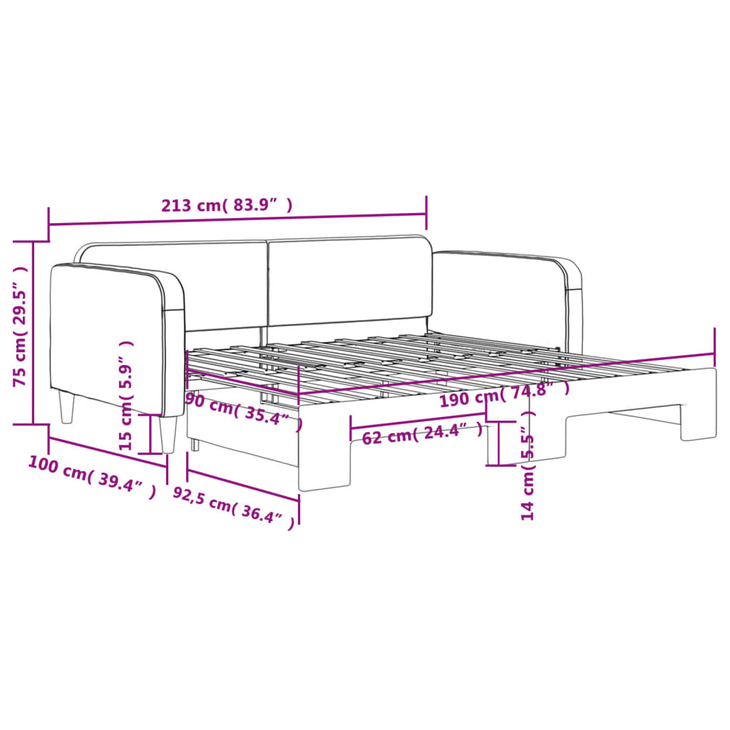 daybed med udtræk 90x190 cm stof sort
