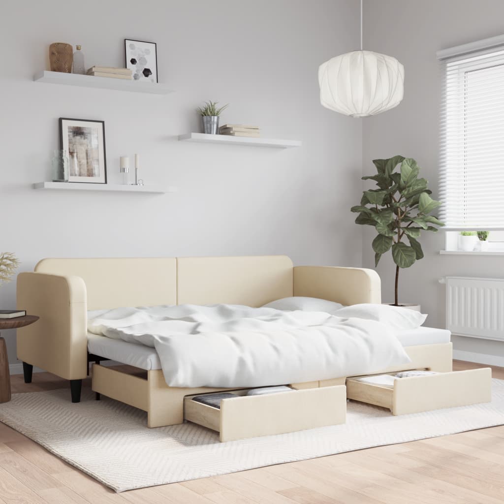 daybed med udtræk og skuffer 80x200 cm stof cremefarvet