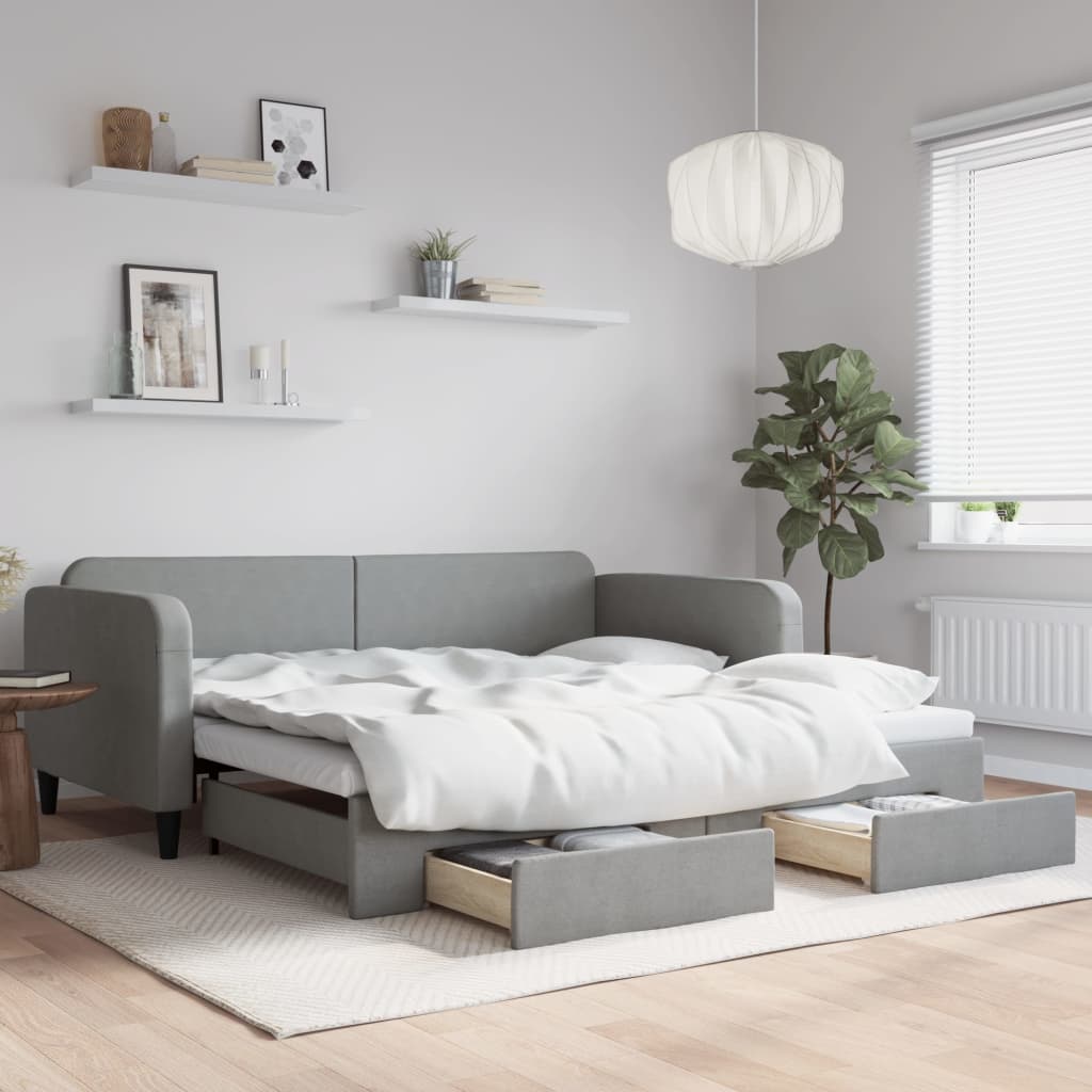 daybed med udtræk og skuffer 100x200 cm stof lysegrå