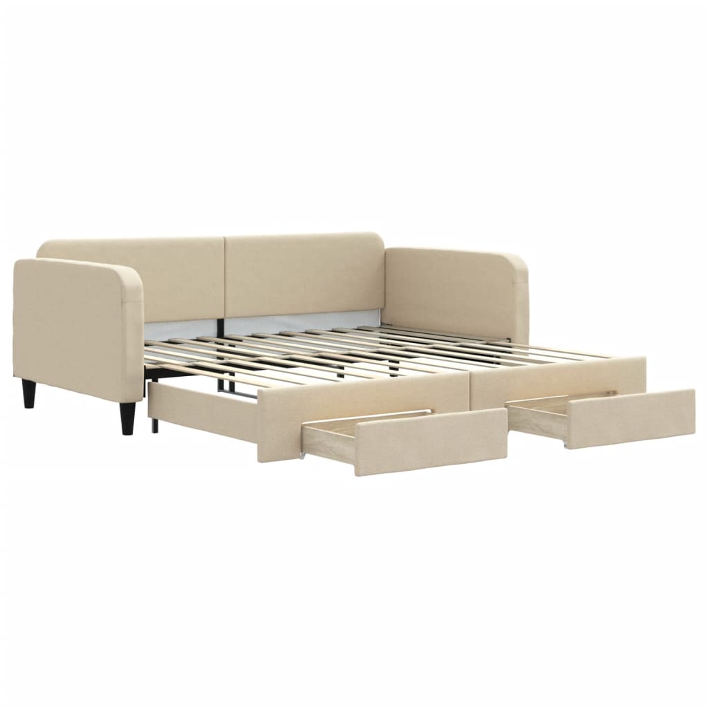 daybed med udtræk og skuffer 100x200 cm stof cremefarvet