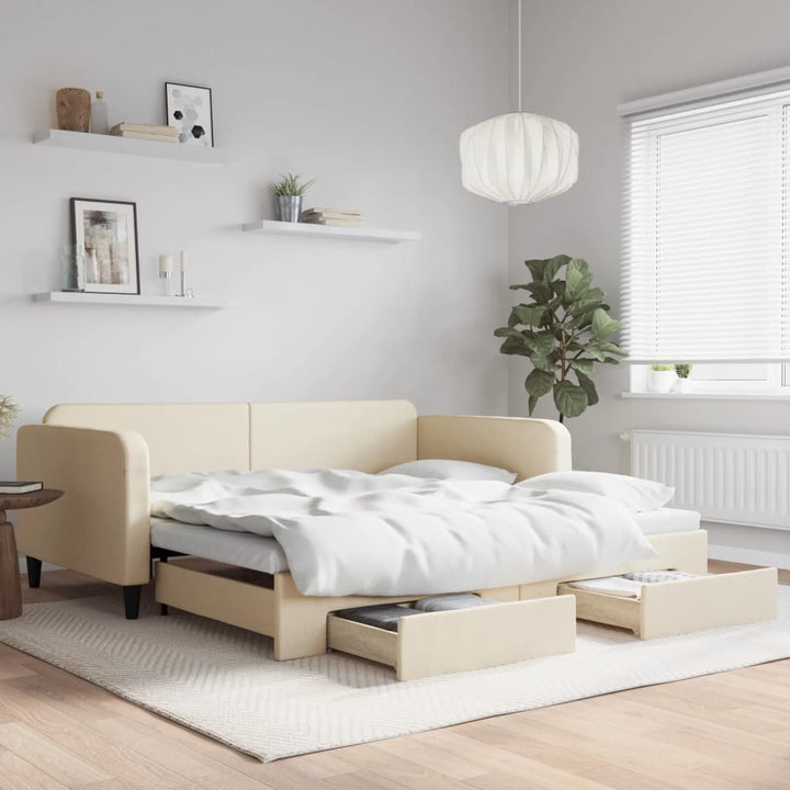 daybed med udtræk og skuffer 100x200 cm stof cremefarvet