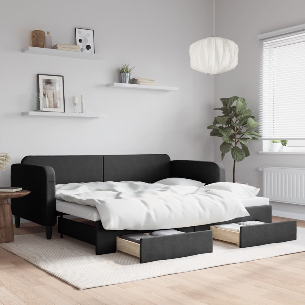 daybed med udtræk og skuffer 90x190 cm stof sort