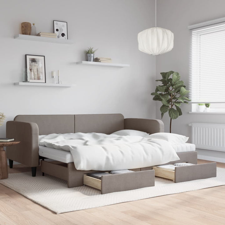 daybed med udtræk og skuffer 90x200 cm stof gråbrun