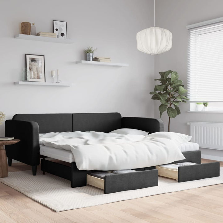 daybed med udtræk og skuffer 100x200 cm stof sort