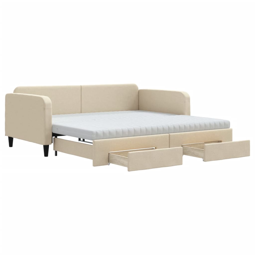 daybed med udtræk og skuffer 100x200 cm stof cremefarvet