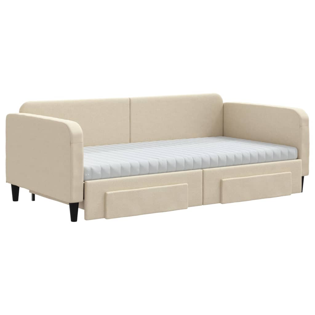 daybed med udtræk og skuffer 100x200 cm stof cremefarvet