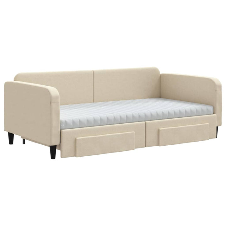 daybed med udtræk og skuffer 100x200 cm stof cremefarvet