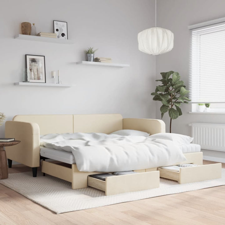 daybed med udtræk og skuffer 100x200 cm stof cremefarvet