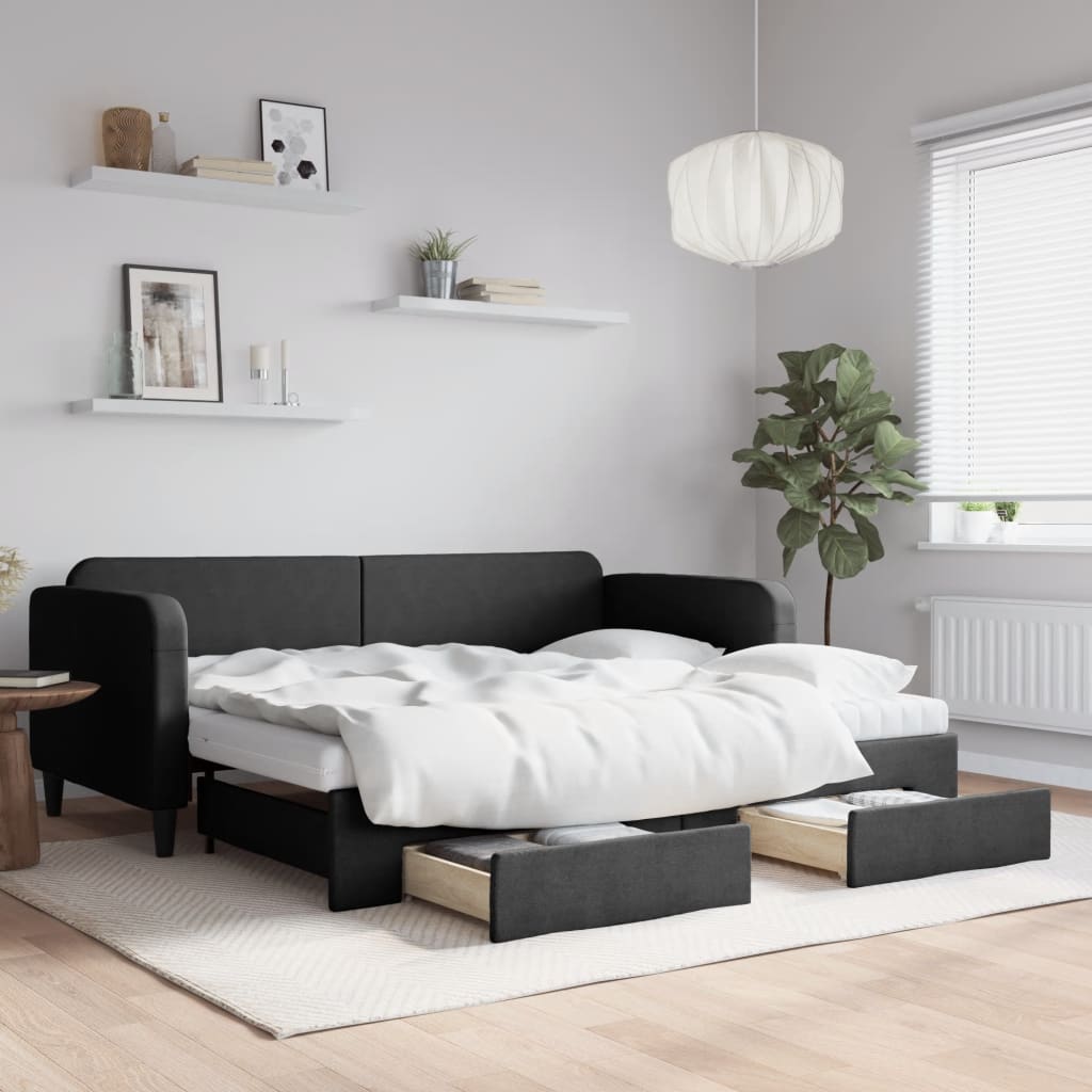 daybed med udtræk og skuffer 90x190 cm stof sort