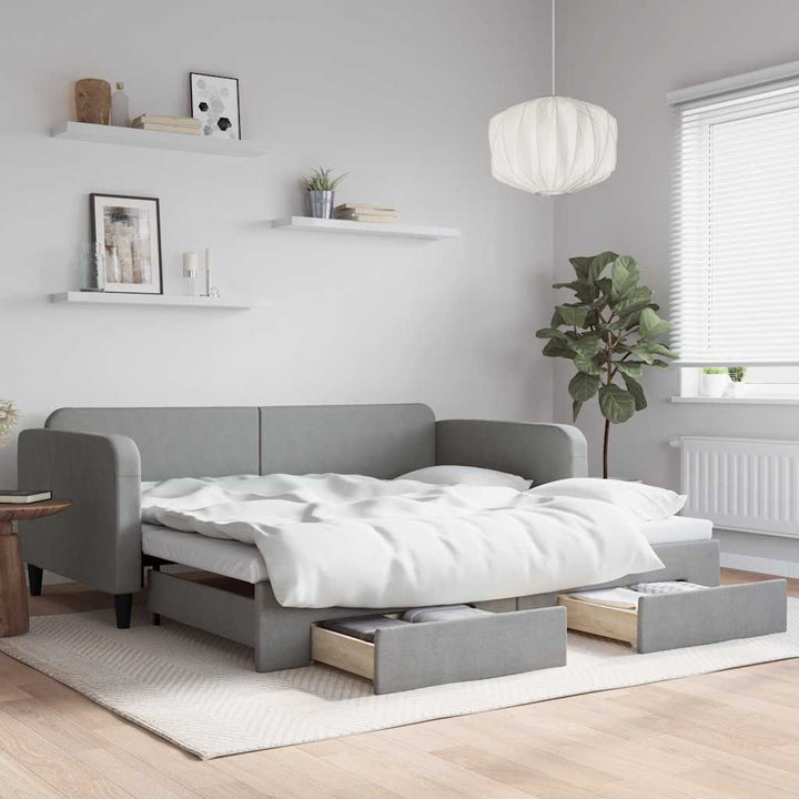 daybed med udtræk og skuffer 100x190 cm stof lysegrå