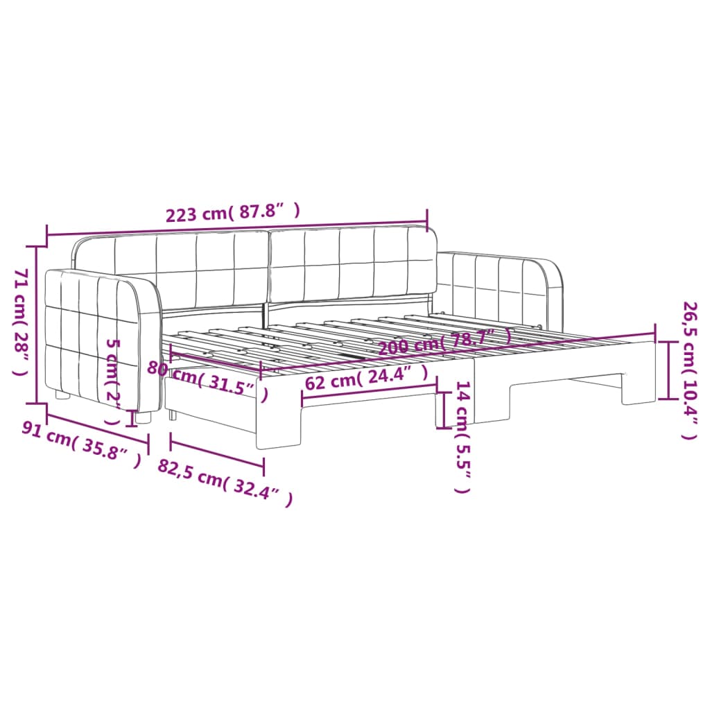 daybed med udtræk 80x200 cm velour lyserød