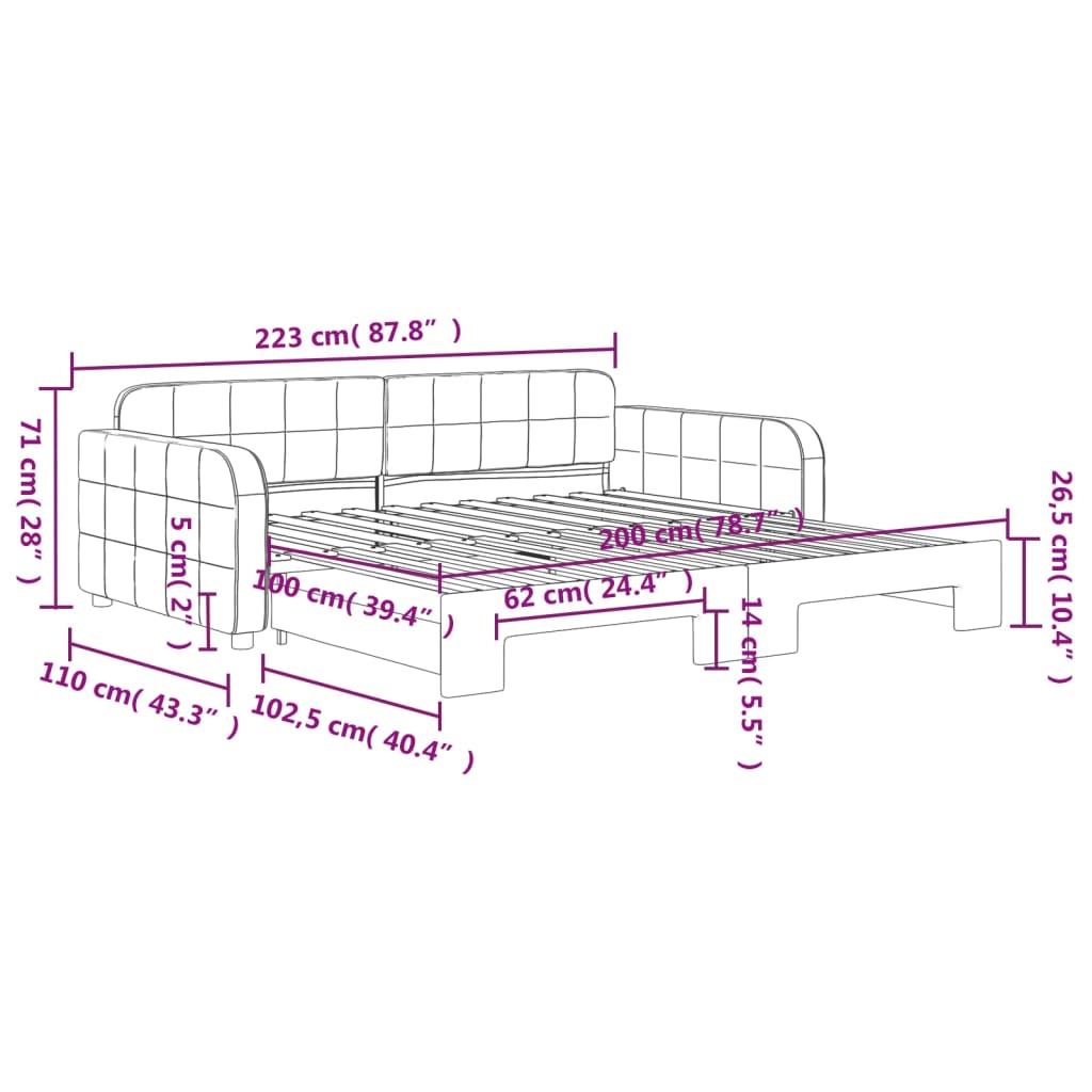 daybed med udtræk 100x200 cm velour lysegrå