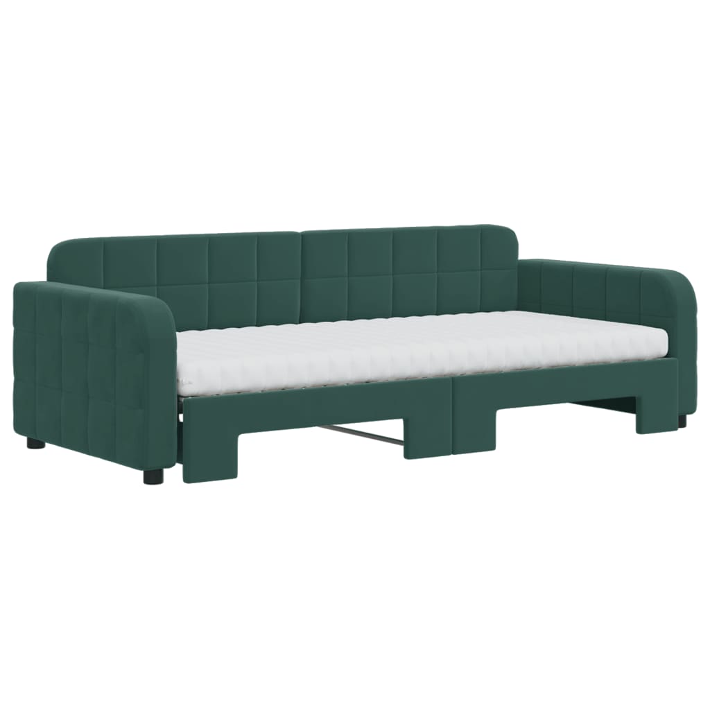 daybed med udtræk og madras 90x200 cm velour mørkegrøn