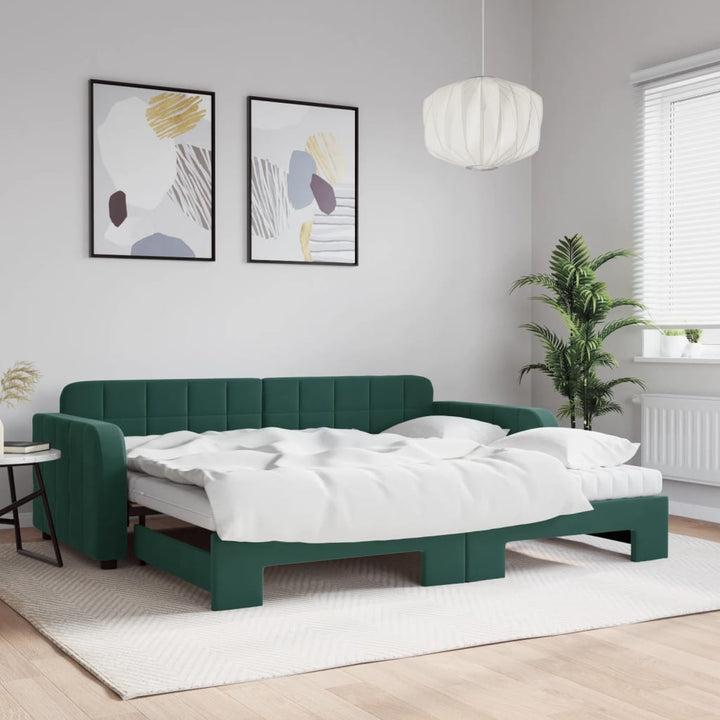 daybed med udtræk og madras 90x200 cm velour mørkegrøn