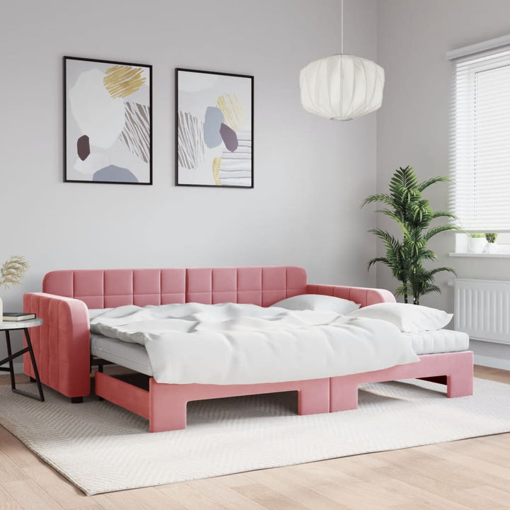 daybed med udtræk og madras 90x200 cm velour lyserød