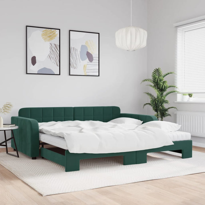 daybed med udtræk og madras 100x200 cm velour mørkegrøn