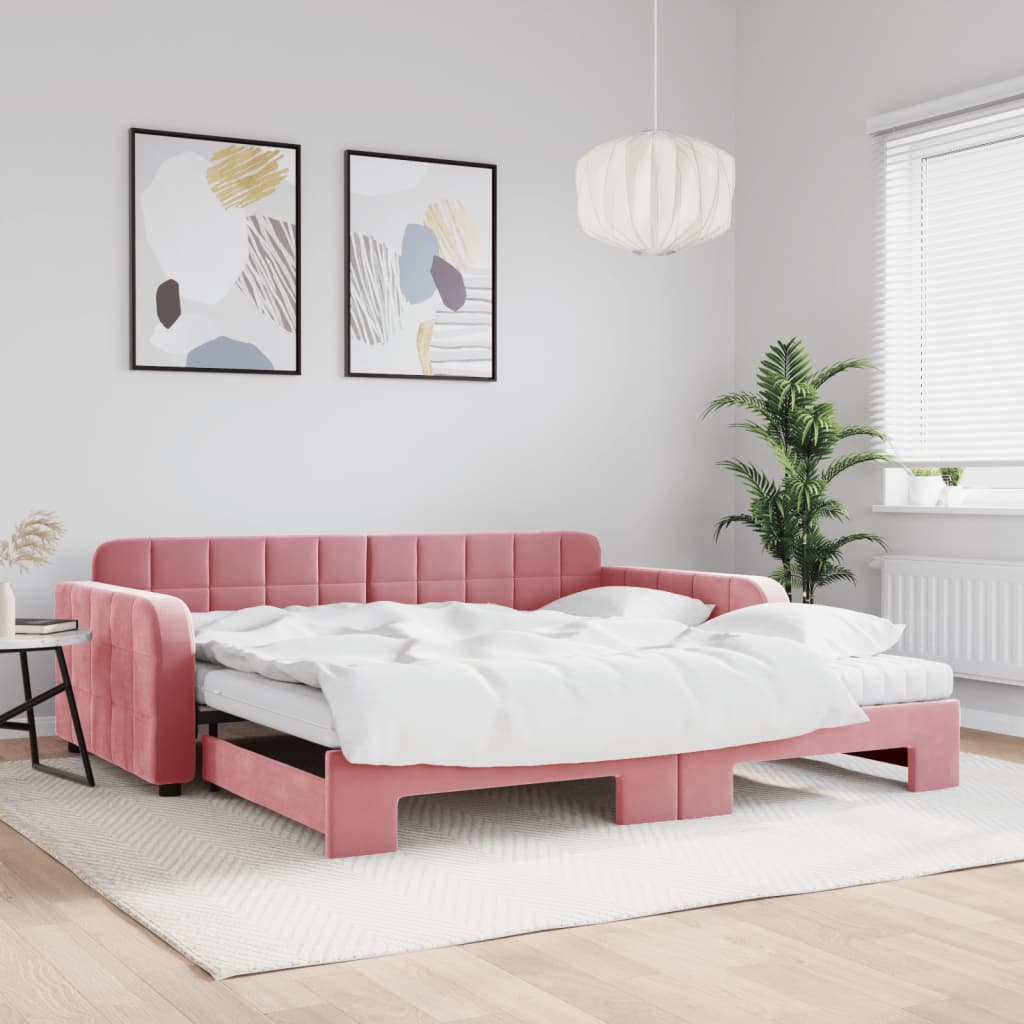 daybed med udtræk og madras 100x200 cm velour lyserød
