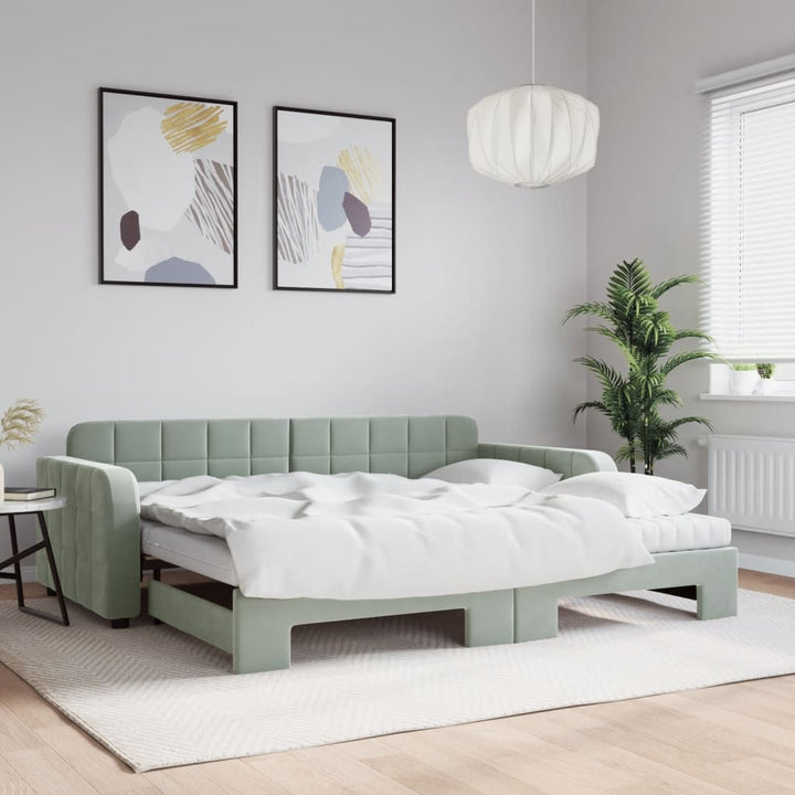 daybed med udtræk og madras 90x190 cm velour lysegrå