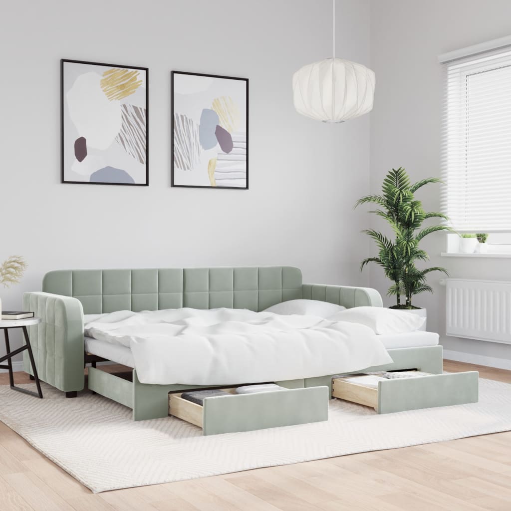 daybed med udtræk og skuffer 80x200 cm velour lysegrå