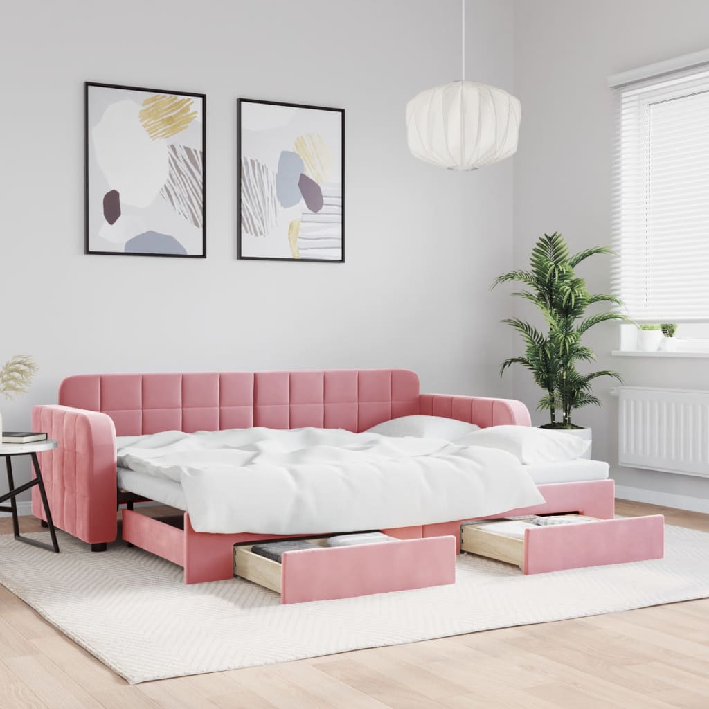 daybed med udtræk og skuffer 80x200 cm velour lyserød