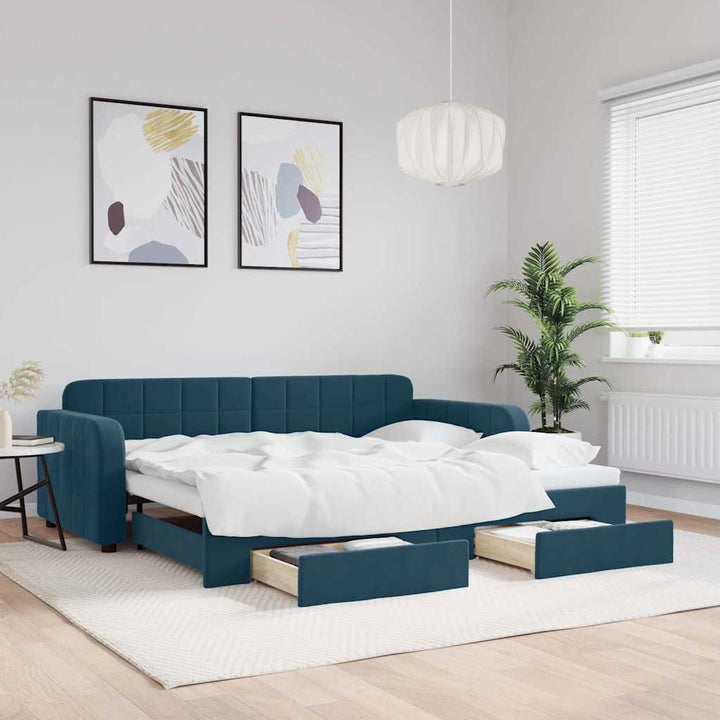 daybed med udtræk og skuffer 90x200 cm velour blå