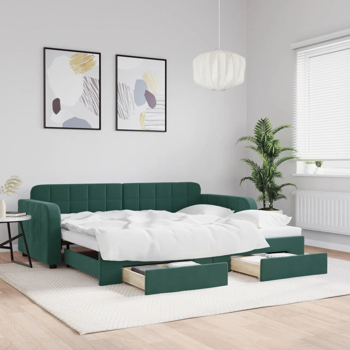 daybed med udtræk og skuffer 90x200 cm velour mørkegrøn