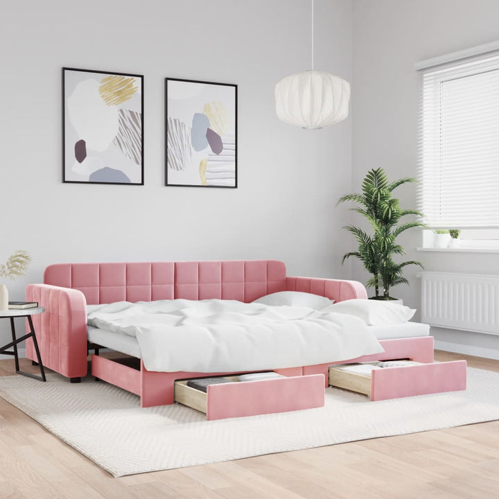 daybed med udtræk og skuffer 90x200 cm velour lyserød