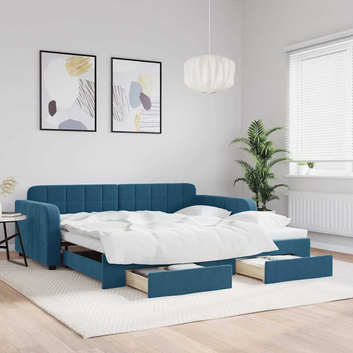 daybed med udtræk og skuffer 100x200 cm velour blå