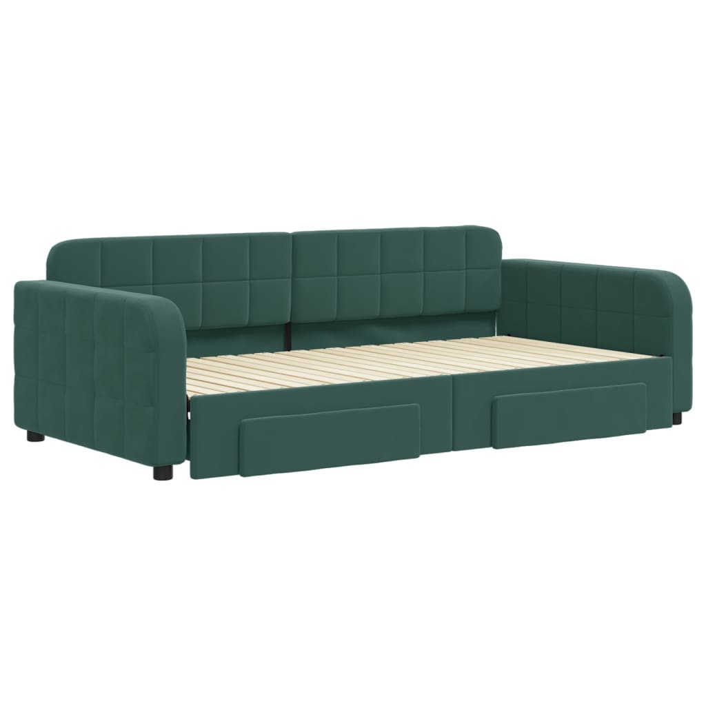 daybed med udtræk og skuffer 100x200 cm velour mørkegrøn