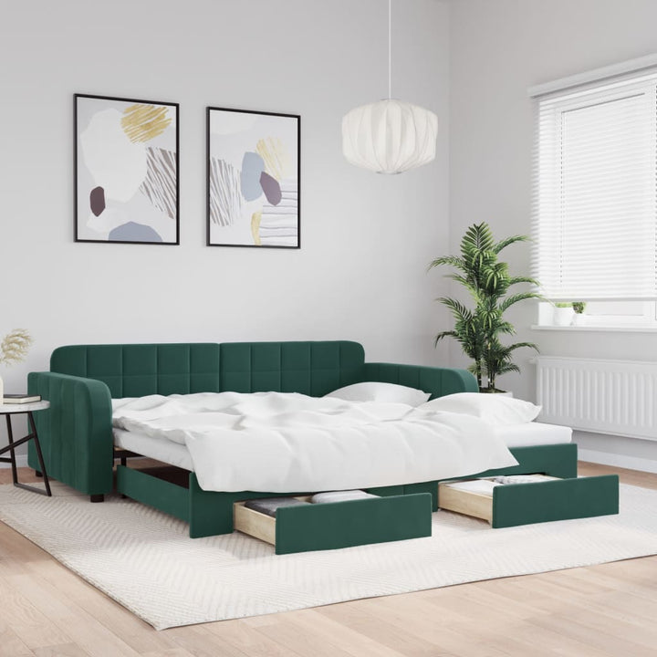 daybed med udtræk og skuffer 100x200 cm velour mørkegrøn