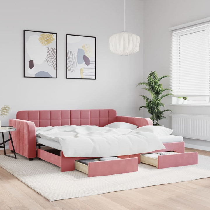 daybed med udtræk og skuffer 100x200 cm velour lyserød