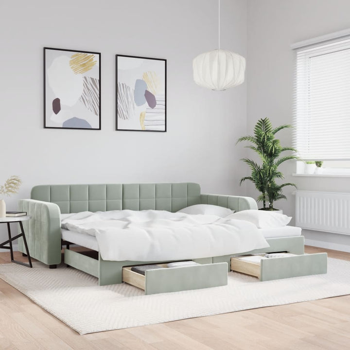 daybed med udtræk og skuffer 90x190 cm velour lysegrå