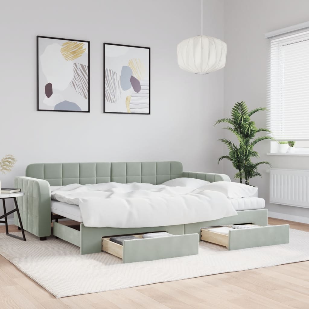 daybed med udtræk og skuffer 80x200 cm velour lysegrå