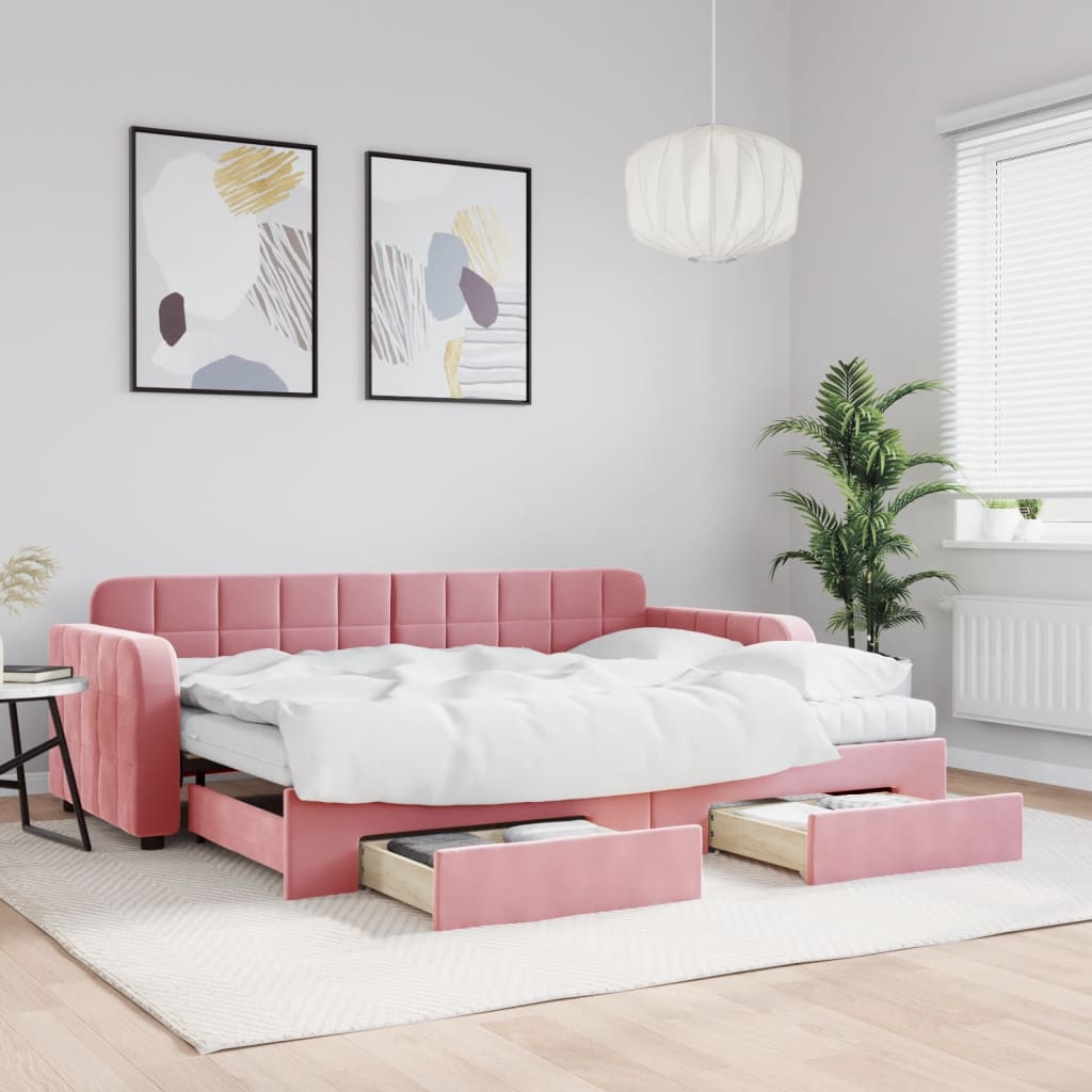 daybed med udtræk og skuffer 80x200 cm velour lyserød