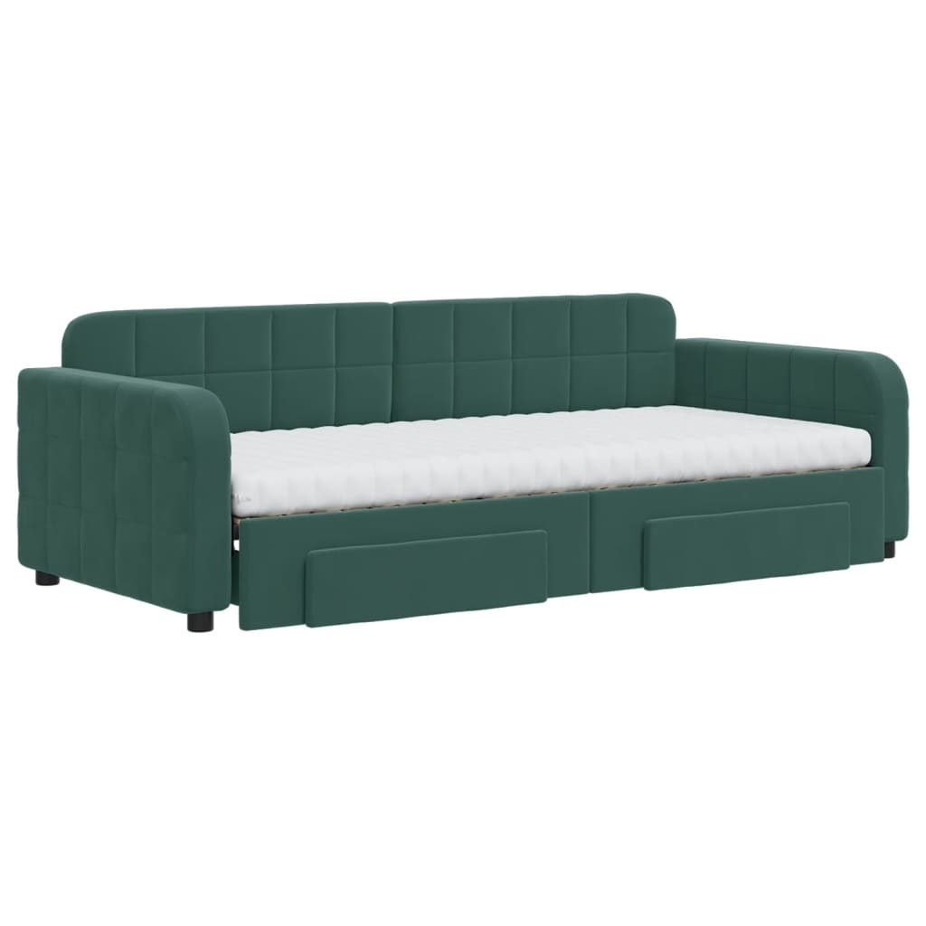 daybed med udtræk og skuffer 90x200 cm velour mørkegrøn