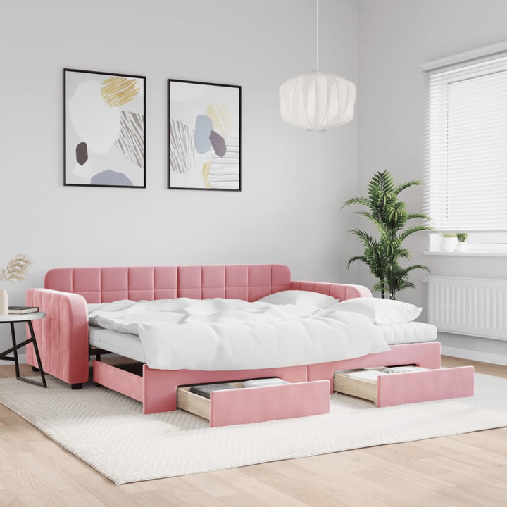daybed med udtræk og skuffer 90x200 cm velour lyserød